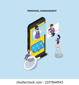 Marketing team working on personal brand isometric 3d flat vector illustration concept for banner, website, landing page, ads, flyer template, etc