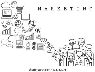 Marketing Team-On White Background-Vector Illustration,Graphic Design.Business Content For Web,Websites,Magazine Page,Print,Presentation Templates And Promotional Materials.Businesspeople Thin Line