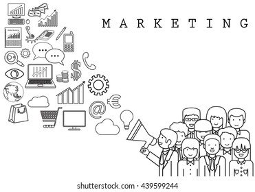 Marketing Team-On White Background-Vector Illustration,Graphic Design.Business Content For Web,Websites,Magazine Page,Print,Presentation Templates And Promotional Materials.Businesspeople Thin Line