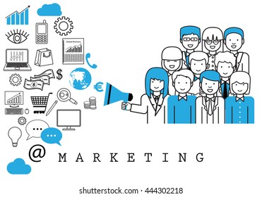 Marketing Team-On White Background-Vector Illustration,Graphic Design.Business Content For Web,Websites,Magazine Page,Print,Presentation Templates And Promotional Materials.Businesspeople Thin Line