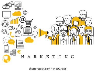 Marketing Team-On White Background-Vector Illustration,Graphic Design.Business Content For Web,Websites,Magazine Page,Print,Presentation Templates And Promotional Materials.Businesspeople Thin Line