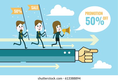 Marketing Teams go forward on hand command. Teamwork and Marketing plan concept. flat design elements. vector illustration
