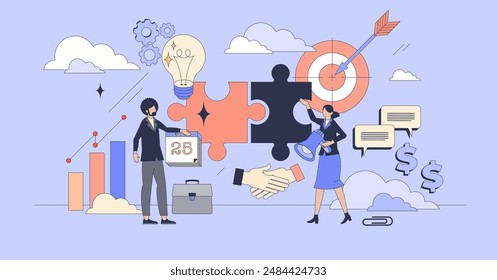 Marketing teamwork or advertisement strategy tiny person neubrutalism concept. Planning effective promotion ads campaign with brainstorming, creative ideas and team partnership vector illustration.