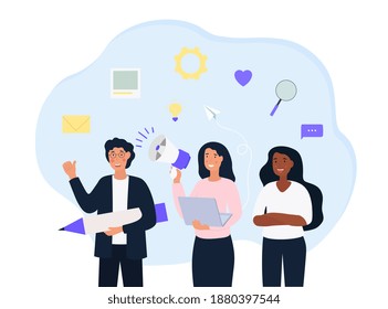 Marketing teamwork with dedicated business team of diverse young people public speaking, with pencil, and with communication icons, colored vector illustration