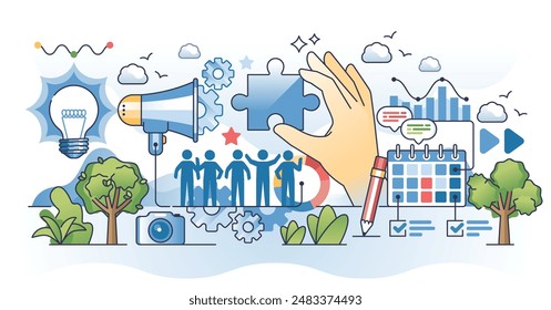 Marketing teamwork for effective advertisement campaign outline hands concept. Team collaboration and creative partnership for business awareness ads or brand advertising strategy vector illustration