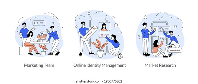 Marketing teamwork research flat linear vector illustration set. Marketing team, online identity management, market research. Social media application development. Men and women cartoon characters