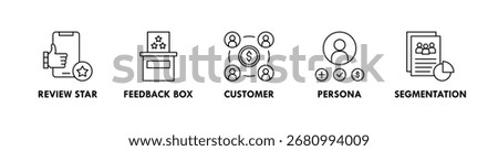 Marketing Tech banner web icon illustration concept with icon of review star, feedback box, customer, persona, and segmentation