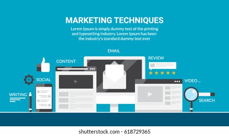 Marketing technique vector for email campaign, digital media, video promotion, search optimization, social media, review, rating, flat design concept isolated on blue background
