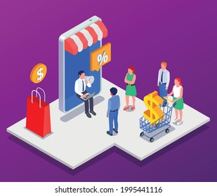 Marketing technologies isometric composition man with loudspeaker advertises store and people come flocking there vector illustration