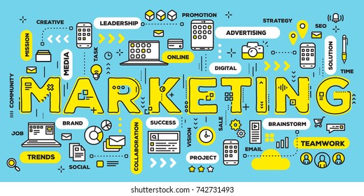 Marketing  technology concept. Vector creative illustration of marketing yellow word lettering typography with line icons and tag cloud on green background. Thin line art style design for promo banner