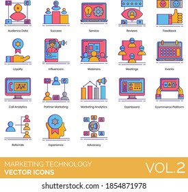 Marketing technology icons including audience data, success, service, review, feedback, loyalty, influencer, webinar, meeting, event, call analytics, partner, dashboard, ecommerce platform, referral.