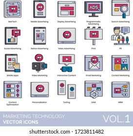Marketing technology icons including martech, display, programmatic advertising, search, social, native, video, print, PR, mobile app, interactive, optimization, personalization, testing, DAM, MRM.