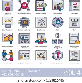 Marketing technology icons including performance, attribution, mobile analytics, web, dashboard, data visualization, business intelligence, science, iPaaS, DMP, predictive analysis, customer platform.