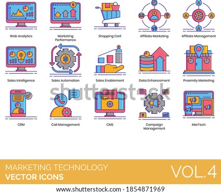 Marketing technology icons including web analytics, performance, shopping cart, affiliate management, sales intelligence, automation, enablement, data enhancement, proximity, CRM, campaign, martech.