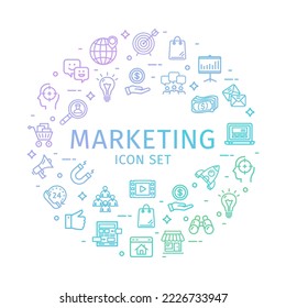 Marketing Technology Round Design Template Thin Line Icon Concept for Promotion and Advertising Business. Vector illustration