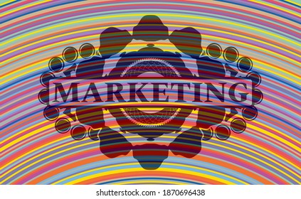 Marketing text inside colorful realistic badge. Showy delicate background. Illustration. 