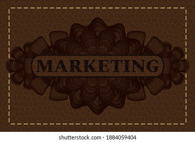 Marketing text inside Currency brown leather realistic badge. Wallet fashionable background. Artistic illustration. 