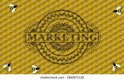Marketing text inside sweet honey bees realistic emblem. beekeeping exquisite background. Artistic illustration. 