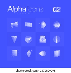 Marketing theme spot illustrations for branding, web design, presentation, logo, banners. Clean gradient icons set with thin lines and flat shapes. Pure transparency effect on blue color background.