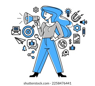 Marketing-Thema Vektorgrafik, Marketing-Analyse und Erstellung von Plan und Strategie, Werbung Business-Konzept, erreichen ein Ziel-Erfolg.