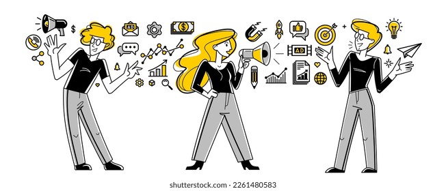 Marketing theme vector outline illustration, marketers team analyzing and creating plan and strategy, advertising business teamwork concept, reach a goal success.