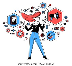 Marketing theme vector outline illustration, marketer analyzing and creating plan and strategy, advertising business concept, reach a goal success.