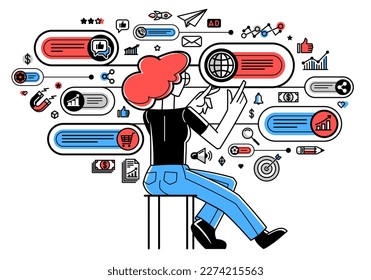 Ilustración de esquema de vector de tema de marketing, análisis de marketing y creación de plan y estrategia, concepto de negocio de publicidad, alcanzar un éxito de objetivo.