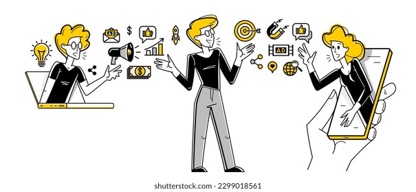 Marketing theme vector outline illustration, marketers team analyzing and creating plan and strategy, advertising business teamwork concept, reach a goal success.