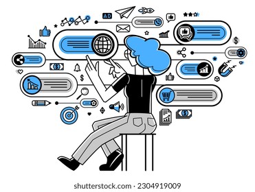 Marketing theme vector outline illustration, marketer analyzing and creating plan and strategy, advertising business concept, reach a goal success.