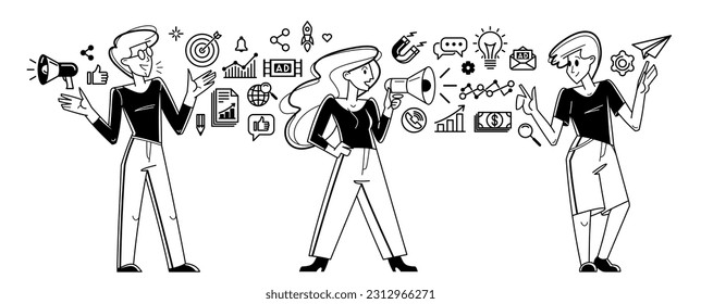 Marketing theme vector outline illustration, marketers team analyzing and creating plan and strategy, advertising business teamwork concept, reach a goal success.