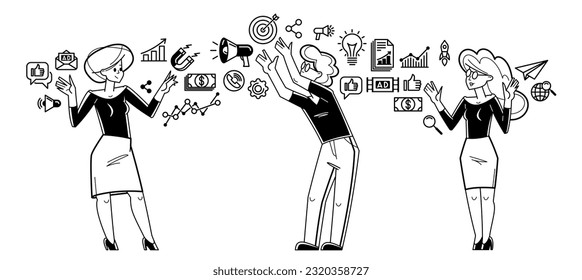 Marketing theme vector outline illustration, marketers team analyzing and creating plan and strategy, advertising business teamwork concept, reach a goal success.