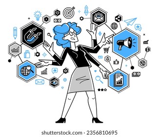 Marketing theme vector outline illustration, marketer analyzing and creating plan and strategy, advertising business concept, reach a goal success.
