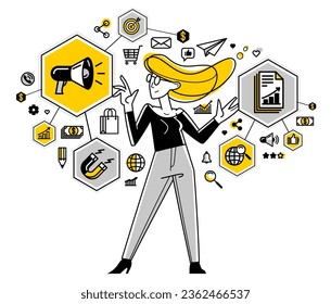 Marketing theme vector outline illustration, marketer analyzing and creating plan and strategy, advertising business concept, reach a goal success.