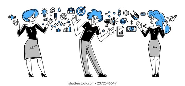 Marketing theme vector outline illustration, marketers team analyzing and creating plan and strategy, advertising business teamwork concept, reach a goal success.