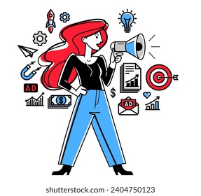 Marketing theme vector outline illustration, marketer analyzing and creating plan and strategy, advertising business concept, reach a goal success.