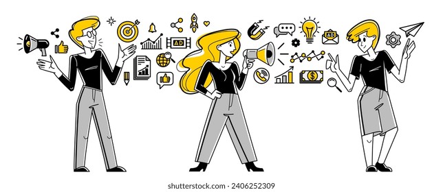 Marketing theme vector outline illustration, marketers team analyzing and creating plan and strategy, advertising business teamwork concept, reach a goal success.