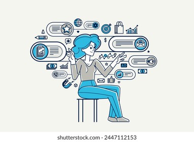 Ilustración del esquema del Vector del tema del marketing, análisis y creación del Plan y la estrategia, concepto del negocio de la publicidad, alcance un éxito de la meta.