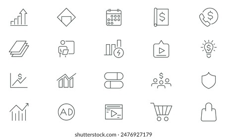 Marketing thin line icon set. Digital marketing, SEO, Search engine optimization, communication, advertising, e-commerce, seo, content, target audience, website, social media outline icon collection.