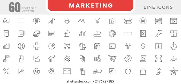 Marketing-Symbol für dünne Linien. Digitales Marketing, SEO, Suchmaschinenoptimierung, Kommunikation, Werbung, E-Commerce, SEO, Inhalte, Zielgruppe, Website, Social Media Outline Icon Kollektion.