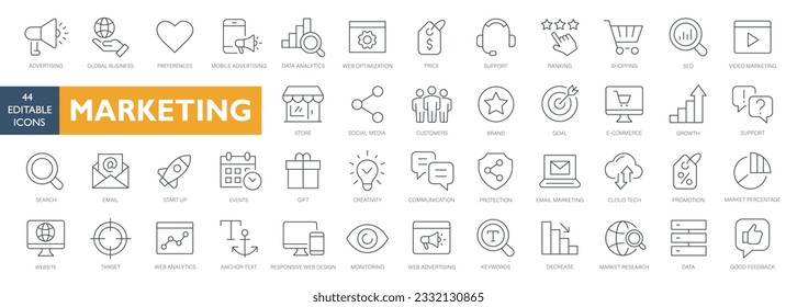 Juego de iconos de línea delgada de marketing. Conjunto de iconos de trazo modificables de Marketing Digital. Colección de iconos de publicidad de marketing. Vector con fondo blanco iconos simples y creativos configurar los mejores iconos de trazo