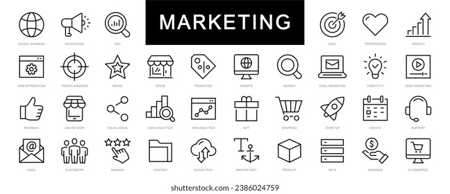 Marketing thin line icons set. Digital Marketing editable stroke icons. Marketing and Advertising icon collection. Vector illustration