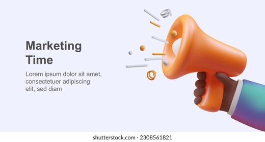 Marketing time. 3D dark skinned male hand holding megaphone. Important announcement. Attention everyone. Sound in picture. Advertising horizontal banner with place for text, title