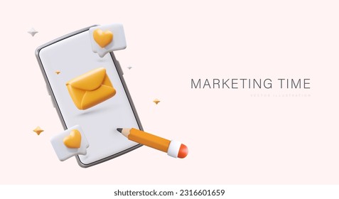 Marketing time. 3D smartphone with pencil and various icons of social networks. Notifications, likes, reposts, comments, letters. Page promotion, brand advertising. Poster in plasticine style