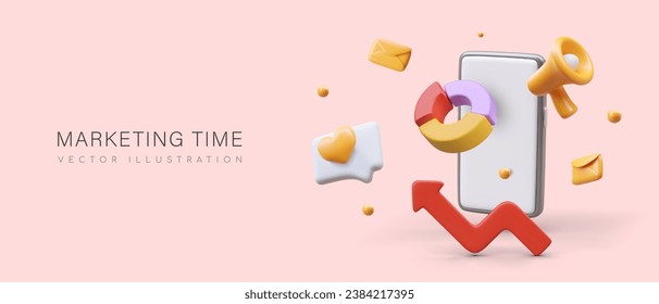 Marketing time. Color pie chart, megaphone, social network icons, smartphone, letters. Promotion of goods and services. Online trade. 3D vector illustration, place for text