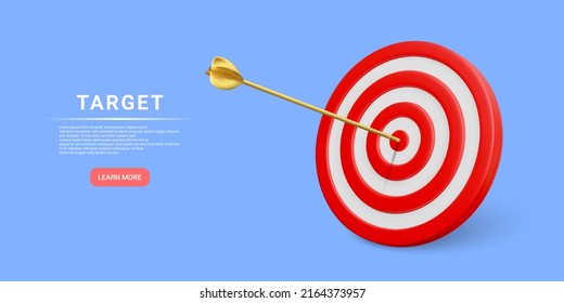 Marketing time concept. Business orientation. Realistic 3D red target with a golden arrow in the center. Vector illustration