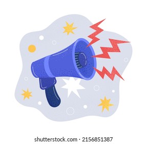 Marketing time concept. Colorful poster with large blue megaphone or loudspeaker, lightning and stars. Promotion and advertising on social networks or Internet. Cartoon flat vector illustration