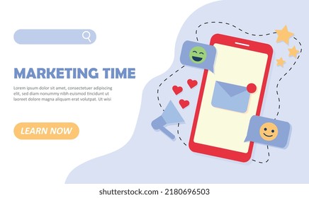 Marketing time concept. Design landing page. SMM and SEO, promotion on Internet and social networks. Website optimization for search engines. Online business. Cartoon flat vector illustration