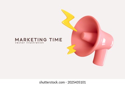 Marketing time concept  realistic 3d megaphone  loudspeaker and lightning  Vector illustration