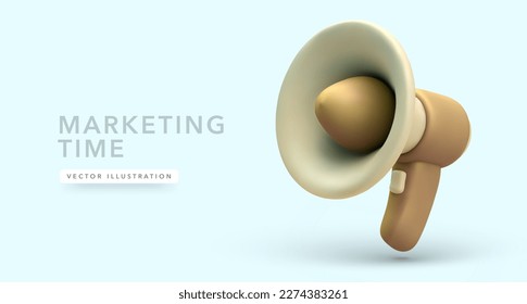 Marketing time concept. Realistic 3d megaphone, loudspeaker with shadow isolated on light background. Vector illustration - Shutterstock ID 2274383261
