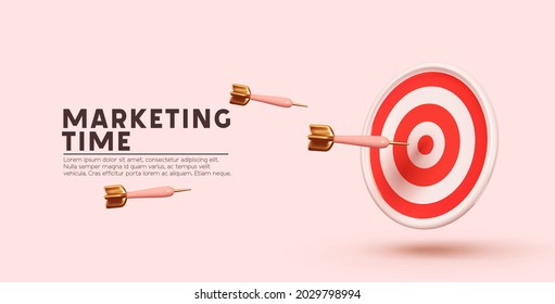 Marketing time concept. Targeting the business. Realistic 3d design red target and arrows. Game of darts. Vector illustration - Shutterstock ID 2029798994